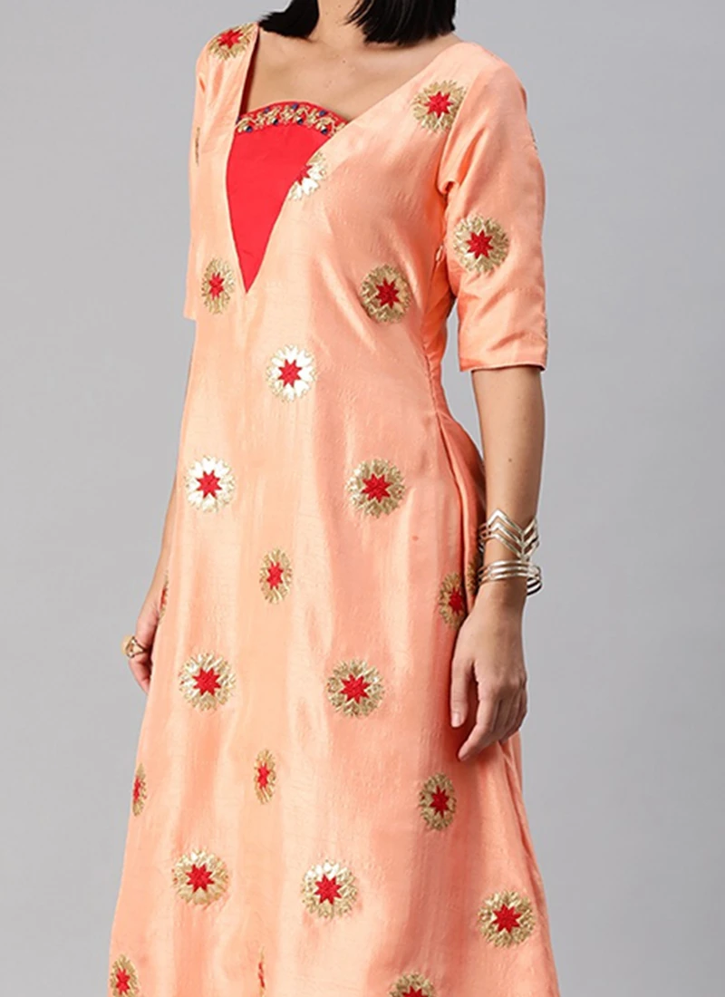 Peach Embroidered Chinon Kurta Set Festive Wear 1 Peach Embroidered Chinon Kurta Set Festive Wear