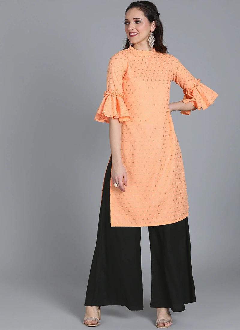 Peach Foil Printed Pleat Style Kurta Set After Six Wear 3 Peach Foil Printed Pleat Style Kurta Set After Six Wear - Image 3