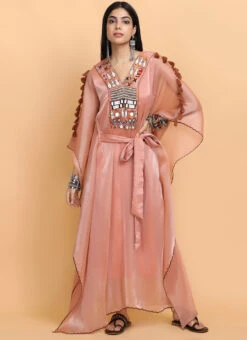 Peach Handpainted Kaftan Set Party Wear -Indo Clothing Shop peach handpainted kaftan set kfdasct2 u