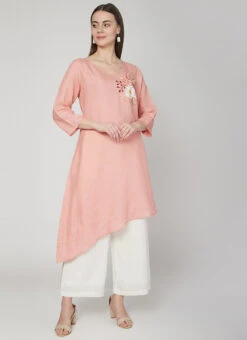 Peach Linen Kurta Palazzo Set Work Wear -Indo Clothing Shop peach linen kurta palazzo set krsdvcsvts07 u