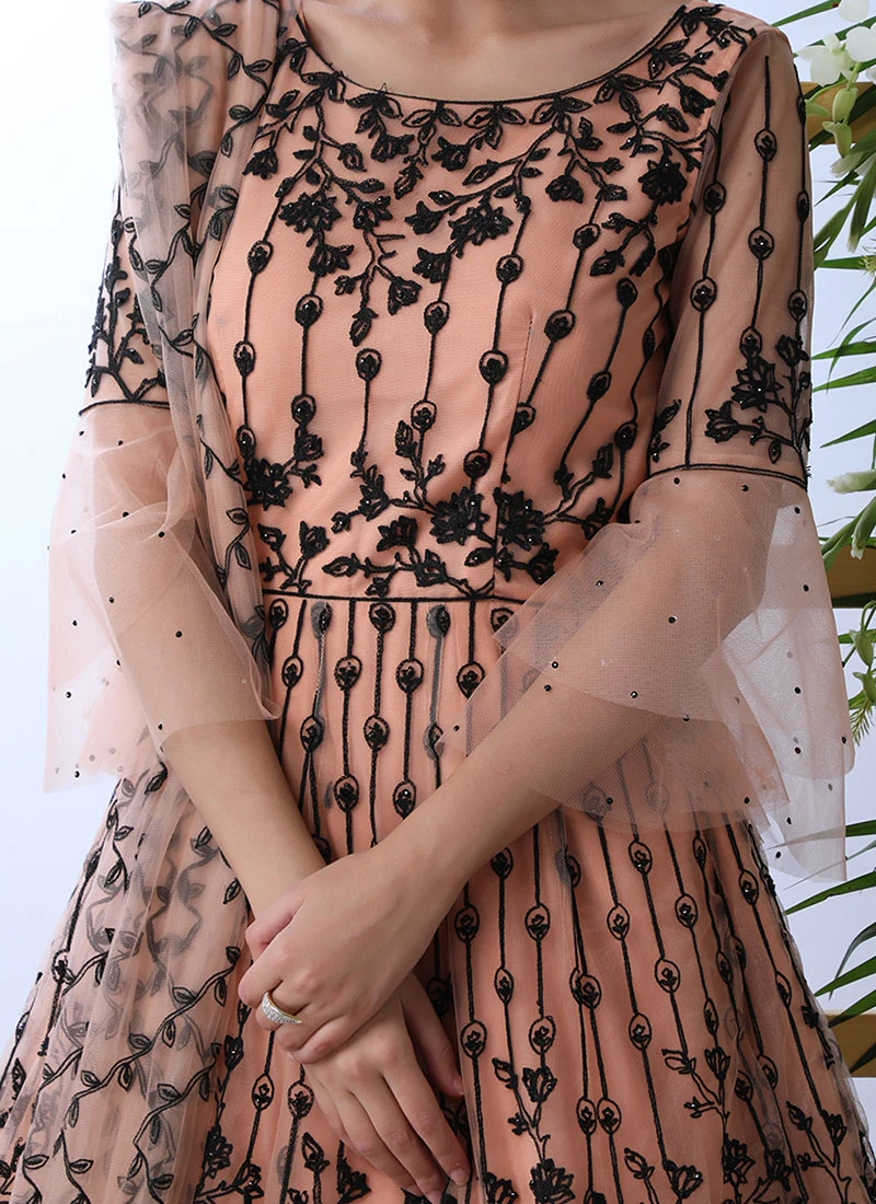 Peach Net Anarkali Gown Party Wear 1 Peach Net Anarkali Gown Party Wear