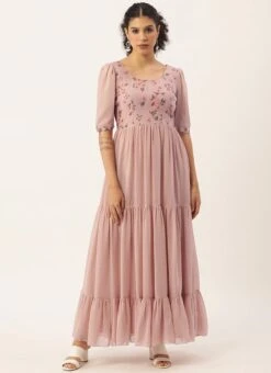 Pink Digital Printed Gathers Dress After Six Wear -Indo Clothing Shop pink digital printed gathers dress DRBS02110847 u