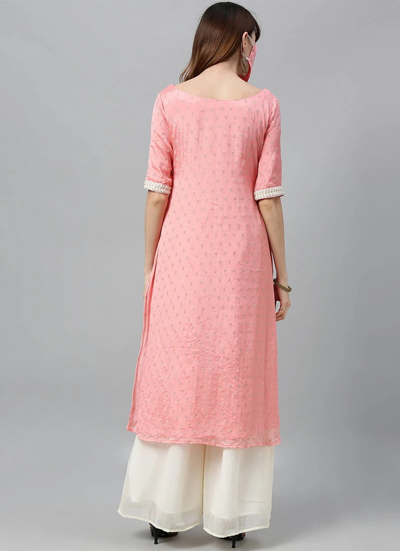 Pink Embroidered Calf Length Kurta Set After Six Wear 4 Pink Embroidered Calf Length Kurta Set After Six Wear - Image 4