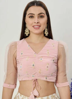 Pink Embroidered Ruched Pattern Style Blouse Wedding Wear -Indo Clothing Shop pink embroidered ruched pattern style blouse BLBS02307598 u