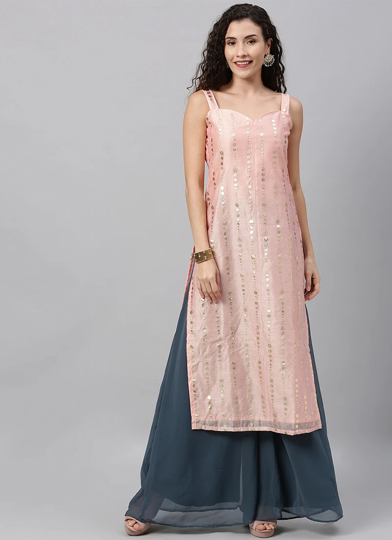 Pink Foil Printed N Blue Georgette Kurta Sets Festive Wear 3 Pink Foil Printed N Blue Georgette Kurta Sets Festive Wear - Image 3