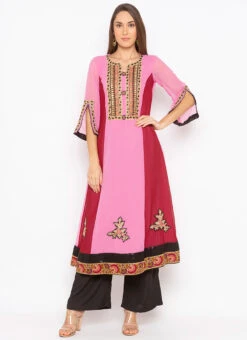 Pink N Red Georgette Embroidered Kurta Palazzo Set After Six Wear -Indo Clothing Shop pink n red georgette embroidered kurta palazzo set krsmnc1943ks u