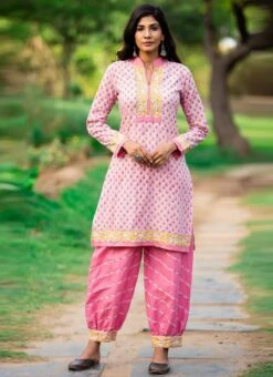 Pink Pure Cotton Hand Block Printed Kurta Salwar Set After Six Wear -Indo Clothing Shop pink pure cotton hand block printed kurta salwar set krsjbp2022a2106b u