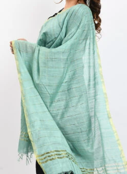 Pista Green Cotton Slub Weaving Work Dupatta Work Wear