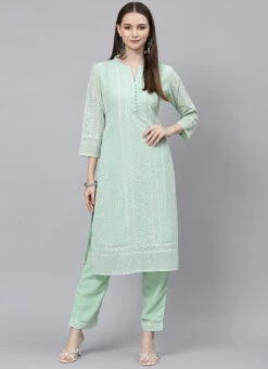 Pista Green Georgette Embroidery Kurta Straight Pant Set Work Wear -Indo Clothing Shop pista green georgette embroidery kurta straight pant set krsmz220888pgr u