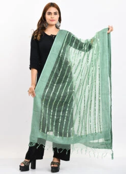 Pista Green Organza Cotton Mirror Embroidery Dupatta Work Wear -Indo Clothing Shop pista green organza cotton mirror embroidery dupatta dpdmimfd135 u