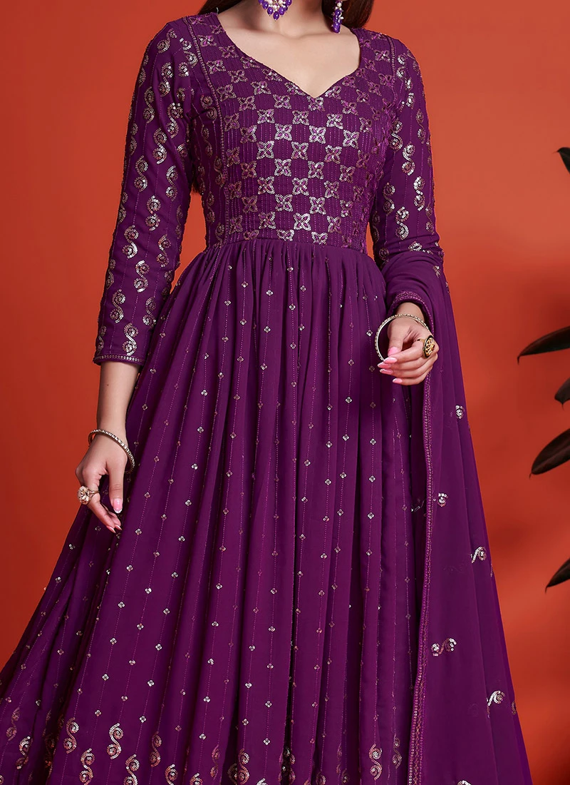 Purple Georgette Sequins Embroidered Anarkali Gown Party Wear 1 Purple Georgette Sequins Embroidered Anarkali Gown Party Wear
