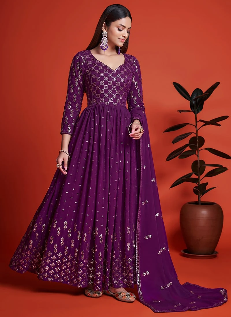 Purple Georgette Sequins Embroidered Anarkali Gown Party Wear 3 Purple Georgette Sequins Embroidered Anarkali Gown Party Wear - Image 3