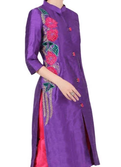 Purple Raw Silk Embroidery Work Kurta Straight Pant Set Party Wear
