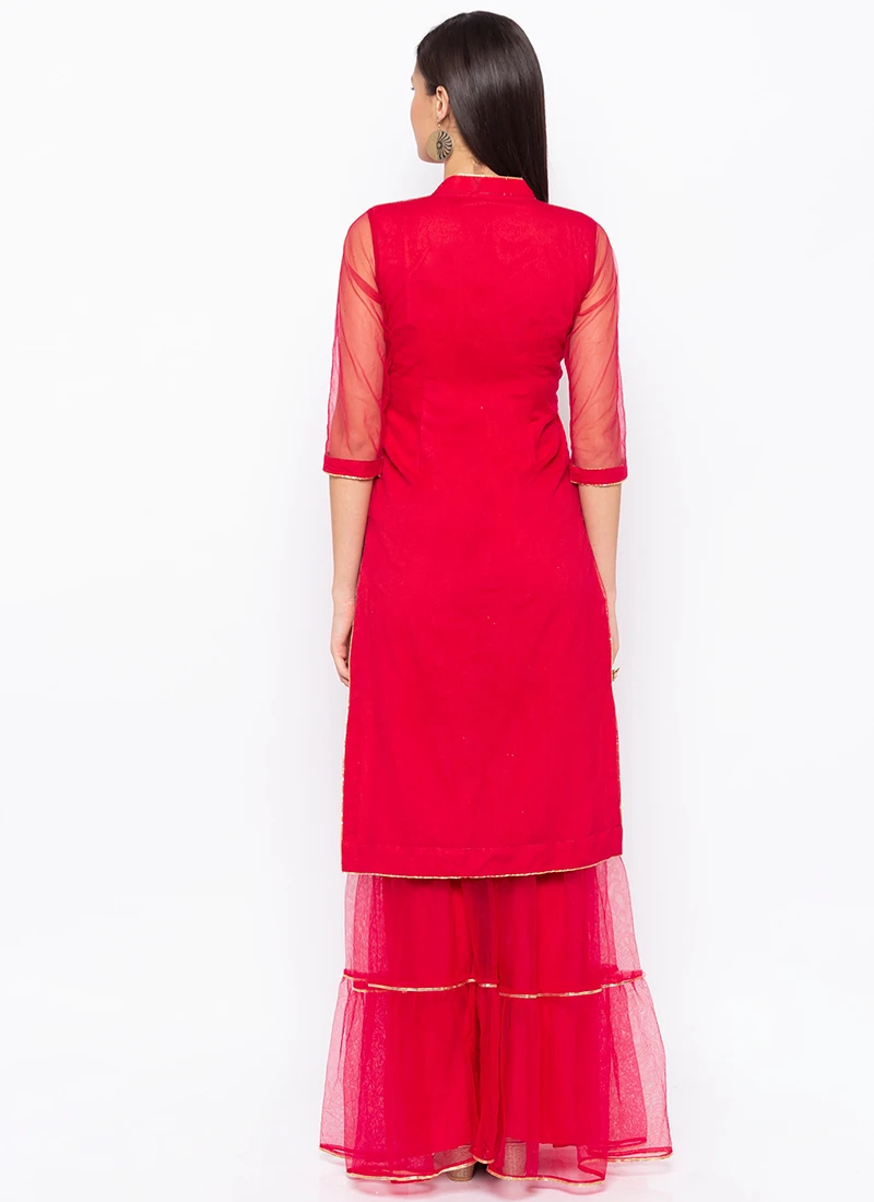 Rani Pink Net Embroidered Kurta Sharara Set After Six Wear 4 Rani Pink Net Embroidered Kurta Sharara Set After Six Wear - Image 4