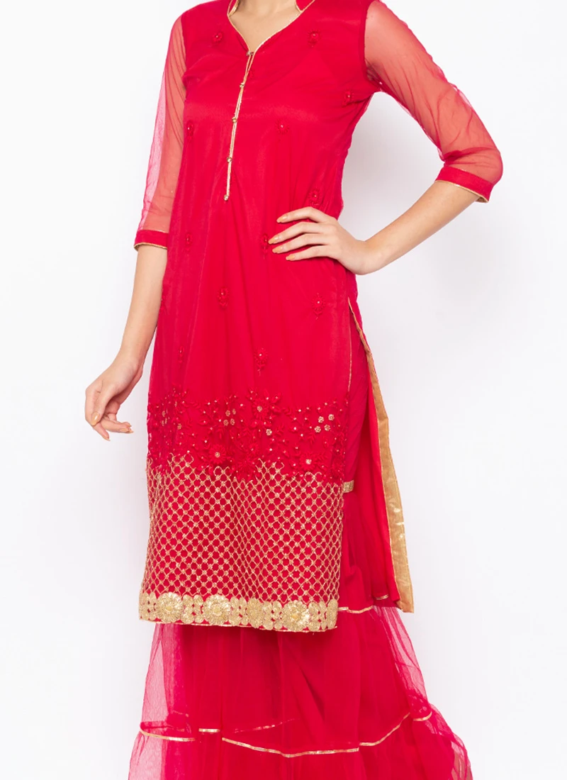 Rani Pink Net Embroidered Kurta Sharara Set After Six Wear 1 Rani Pink Net Embroidered Kurta Sharara Set After Six Wear