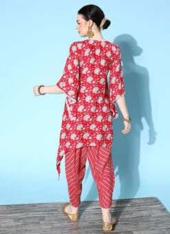 Red Cotton Printed Kurta Dhoti Set After Six Wear -Indo Clothing Shop red cotton printed kurta dhoti set krsmz276732re b