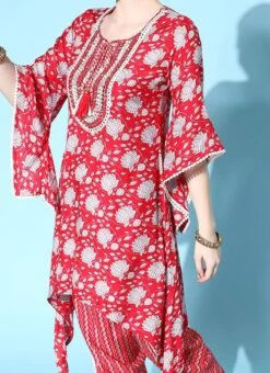 Red Cotton Printed Kurta Dhoti Set After Six Wear