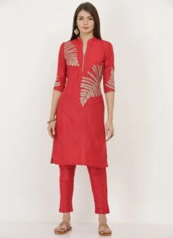 Red Cotton Silk Embroidered Kurta Straight Pant Set After Six Wear -Indo Clothing Shop red cotton silk embroidered kurta straight pant set krsjiw8 u
