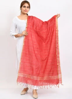 Red Cotton Slub Weaving Work Dupatta Work Wear -Indo Clothing Shop red cotton slub weaving work dupatta dpdmimfd109 u