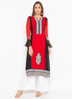 Red Crepe Patch Work Kurta Palazzo Set After Six Wear -Indo Clothing Shop red crepe patch work kurta palazzo set krsmnc2035ks u