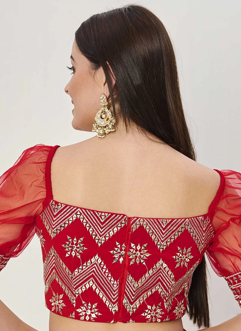 Red Embroidered Zero Shoulder Neckline Blouse Wedding Wear 4 Red Embroidered Zero Shoulder Neckline Blouse Wedding Wear - Image 4