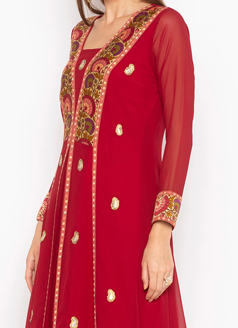 Red Georgette Embroidered Kurta Straight Pant Set Party Wear 1 Red Georgette Embroidered Kurta Straight Pant Set Party Wear