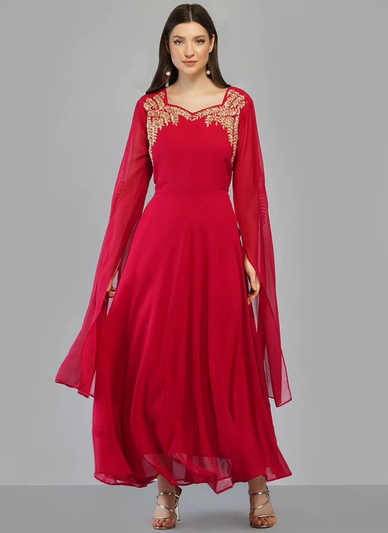 Red Georgette Embroidery Kurta Churidar Set Party Wear 3 Red Georgette Embroidery Kurta Churidar Set Party Wear - Image 3