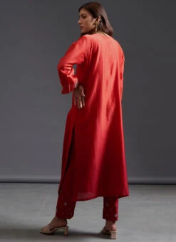 Red Maroon Pure Chanderi Silk Embroidered Kurta Semi Palazzo Set Party Wear -Indo Clothing Shop red maroon pure chanderi silk embroidered kurta semi palazzo set krsdvcsvks32 b