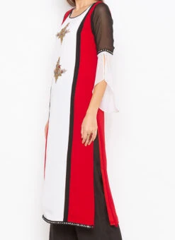 Red N White Georgette Embroidered Kurta Palazzo Set After Six Wear