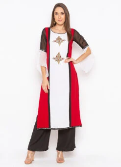 Red N White Georgette Embroidered Kurta Palazzo Set After Six Wear -Indo Clothing Shop red n white georgette embroidered kurta palazzo set krsmnc1912ks u