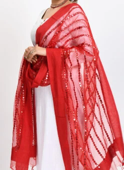 Red Organza Cotton Mirror Embroidery Dupatta Work Wear