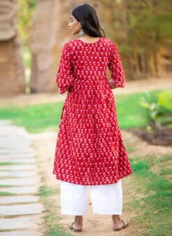 Red Pure Cotton Hand Block Printed Kurta Semi Palazzo Set After Six Wear -Indo Clothing Shop red pure cotton hand block printed kurta semi palazzo set krsjbp2022a2113b b