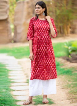 Red Pure Cotton Hand Block Printed Kurta Semi Palazzo Set After Six Wear -Indo Clothing Shop red pure cotton hand block printed kurta semi palazzo set krsjbp2022a2113b u