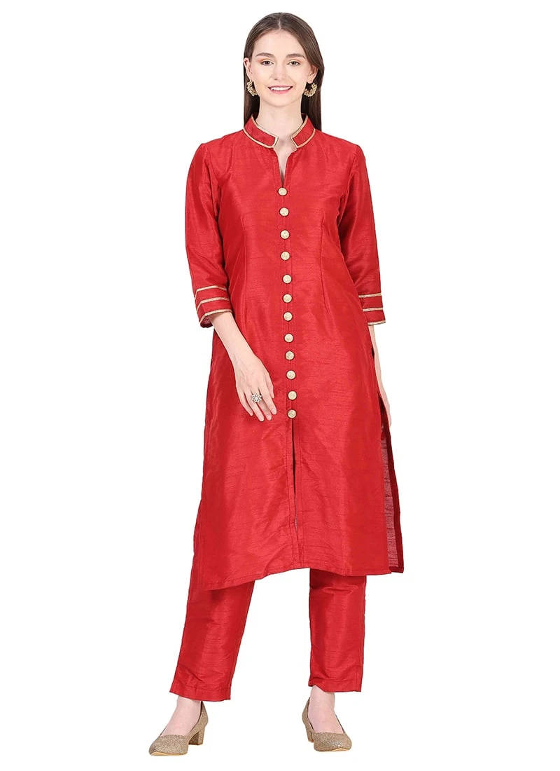 Red Raw Silk Kurta Straight Pant Set Party Wear 3 Red Raw Silk Kurta Straight Pant Set Party Wear - Image 3