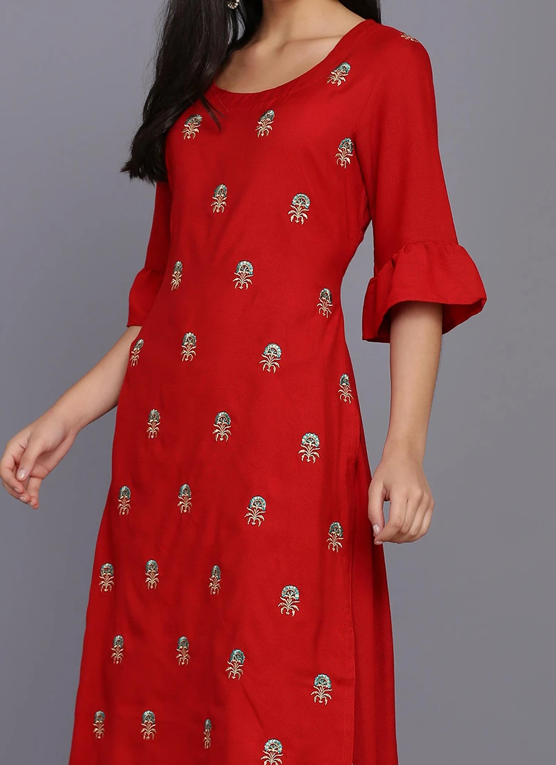 Red Rayon Kurta Palazzo Set Party Wear 1 Red Rayon Kurta Palazzo Set Party Wear