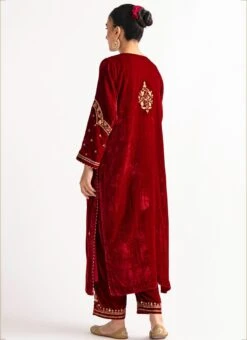 Red Velvet Embroidered Straight Pant Suit Party Wear -Indo Clothing Shop red velvet embroidered straight pant suit krdvc28 b