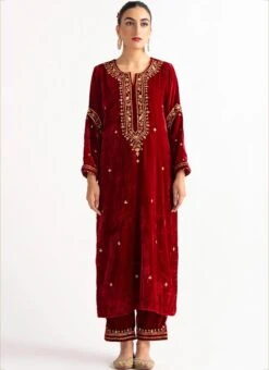 Red Velvet Embroidered Straight Pant Suit Party Wear -Indo Clothing Shop red velvet embroidered straight pant suit krdvc28 u