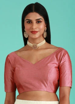 Rose Gold Pink Silk Solid Stitched Readymade Blouse Party Wear -Indo Clothing Shop rose gold pink silk solid stitched readymade blouse blspfb227rg u