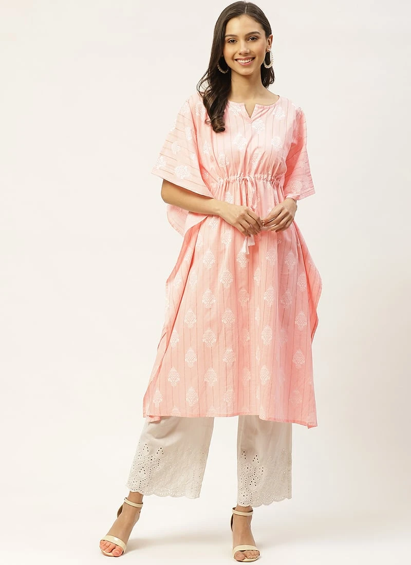 Rose Pink Cotton Printed Kaftan Short Tunic Work Wear 3 Rose Pink Cotton Printed Kaftan Short Tunic Work Wear - Image 3
