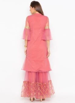 Rose Pink Net Embroidered Kurta Sharara Set After Six Wear -Indo Clothing Shop rose pink net embroidered kurta sharara set krsmnc2121ks b