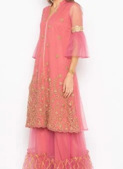 Rose Pink Net Embroidered Kurta Sharara Set After Six Wear