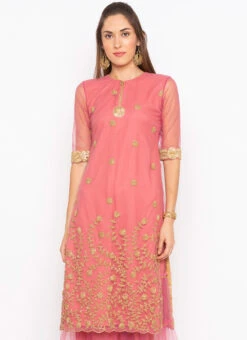 Rose Quartz Net Embroidered Kurta Sharara Set After Six Wear -Indo Clothing Shop rose quartz net embroidered kurta sharara set krsmnc2123ks b
