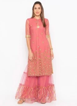 Rose Quartz Net Embroidered Kurta Sharara Set After Six Wear -Indo Clothing Shop rose quartz net embroidered kurta sharara set krsmnc2123ks u