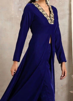 Royal Blue Velvet Kurta Straight Pant Set Work Wear