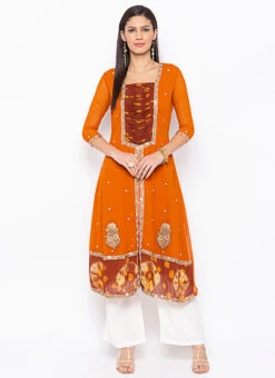 Rust Orange Georgette Embroidered Kurta Palazzo Set After Six Wear -Indo Clothing Shop rust orange georgette embroidered kurta palazzo set krsmnc1916ks u