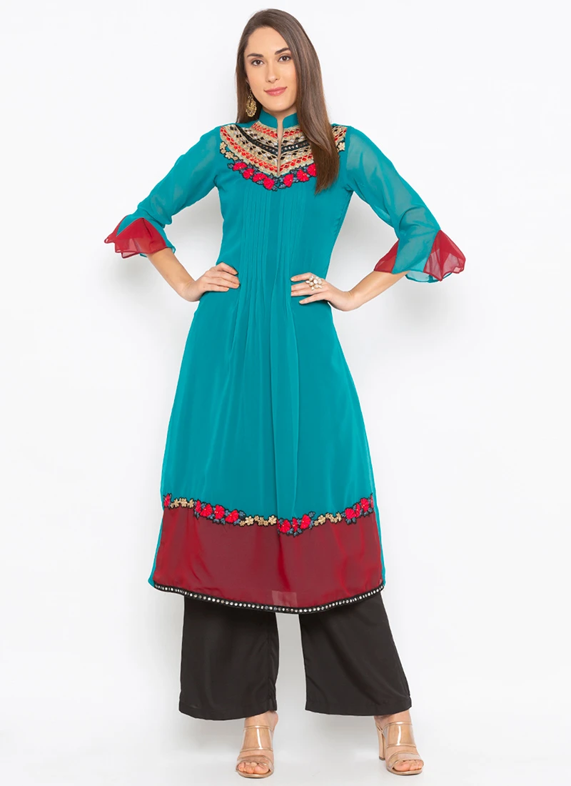 Sky Blue Georgette Embroidered Kurta Palazzo Set After Six Wear 3 Sky Blue Georgette Embroidered Kurta Palazzo Set After Six Wear - Image 3