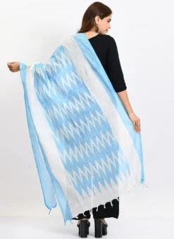 Sky Blue Handloom Cotton Ikkat Printed Dupatta Work Wear -Indo Clothing Shop sky blue handloom cotton ikkat printed dupatta dpdmimfd140 b