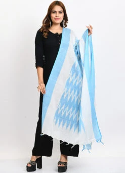 Sky Blue Handloom Cotton Ikkat Printed Dupatta Work Wear -Indo Clothing Shop sky blue handloom cotton ikkat printed dupatta dpdmimfd140 u