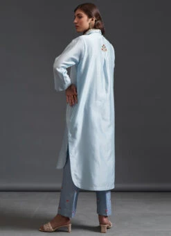 Sky Blue Pure Chanderi Silk Embroidered Kurta Semi Palazzo Set Party Wear -Indo Clothing Shop sky blue pure chanderi silk embroidered kurta semi palazzo set krsdvcsvks34 b