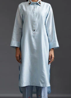 Sky Blue Pure Chanderi Silk Embroidered Kurta Semi Palazzo Set Party Wear